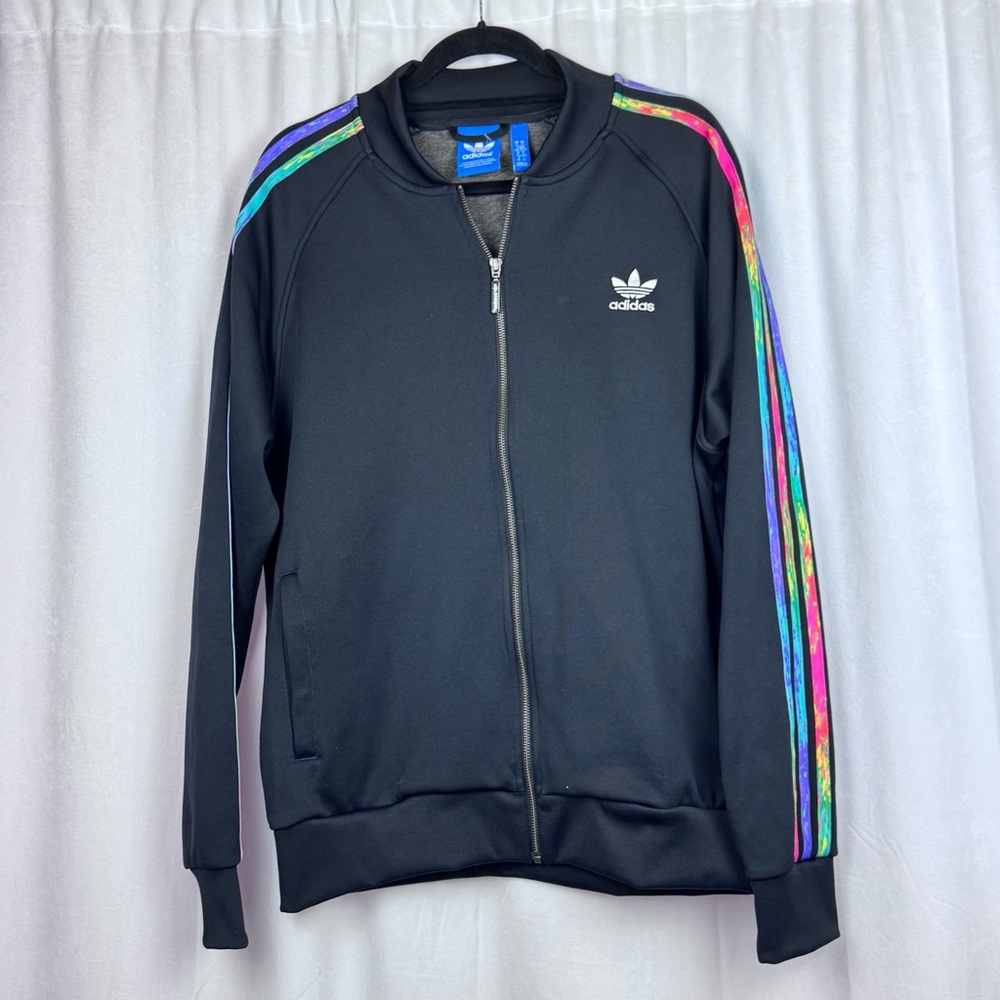 Authentic Adidas Black Track Jacket with Colorful Stripes PreOwned, XL